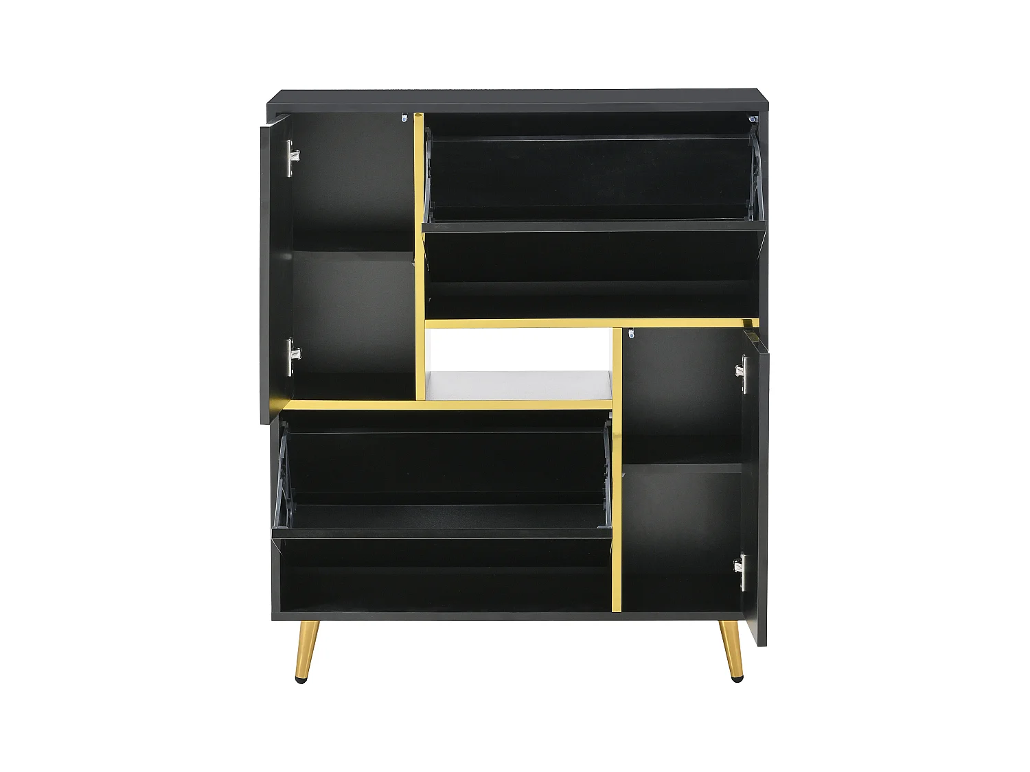 Meuble à chaussures noir avec éclairage LED 16 couleurs et pieds dorés - pour entrée et salon