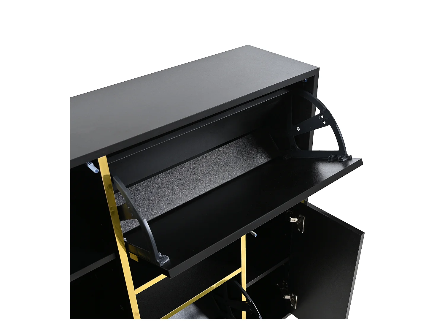 Meuble à chaussures noir avec éclairage LED 16 couleurs et pieds dorés - pour entrée et salon