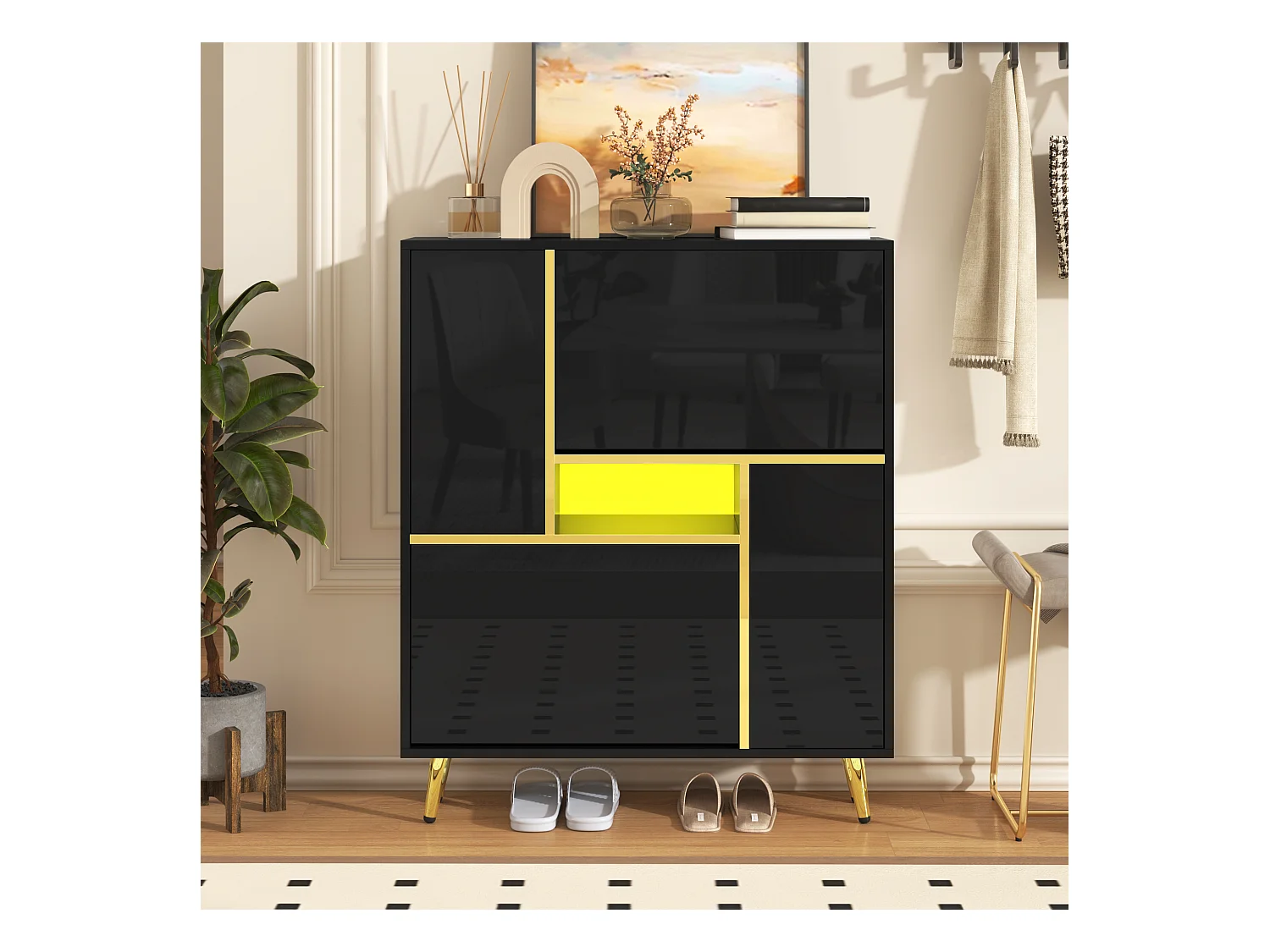 Meuble à chaussures noir avec éclairage LED 16 couleurs et pieds dorés - pour entrée et salon