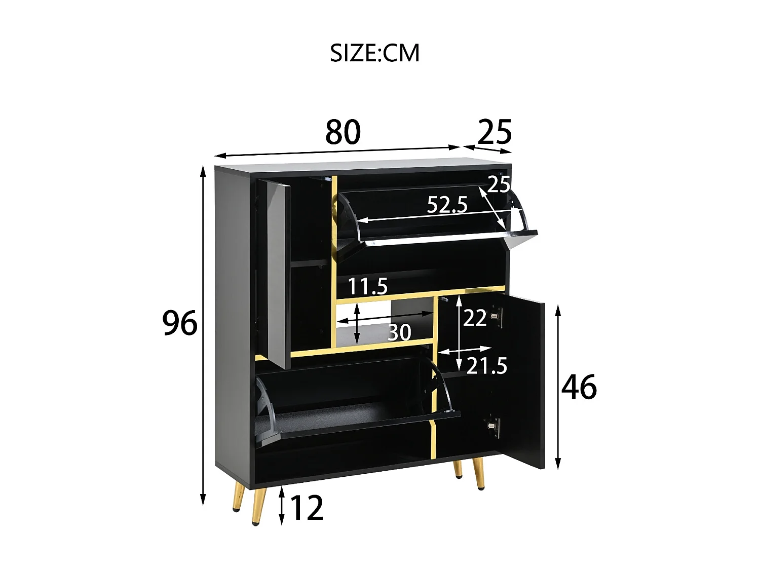 Schwarzer Schuhschrank mit 16-farbiger LED-Beleuchtung und goldenen Beinen – für Wohnzimmer und Eingangsbereiche