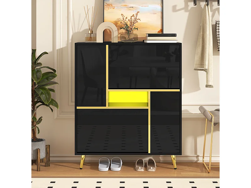 Meuble à chaussures noir avec éclairage LED 16 couleurs et pieds dorés - pour entrée et salon