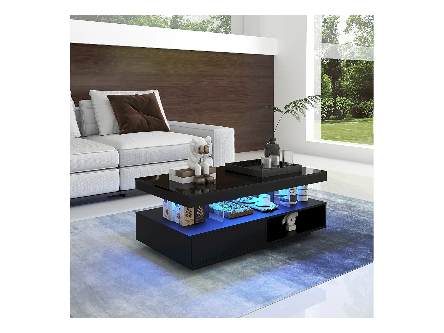 Table basse noire brillante avec 2 tiroirs et compartiments ouverts, éclairage LED - 95x50x42,5 cm