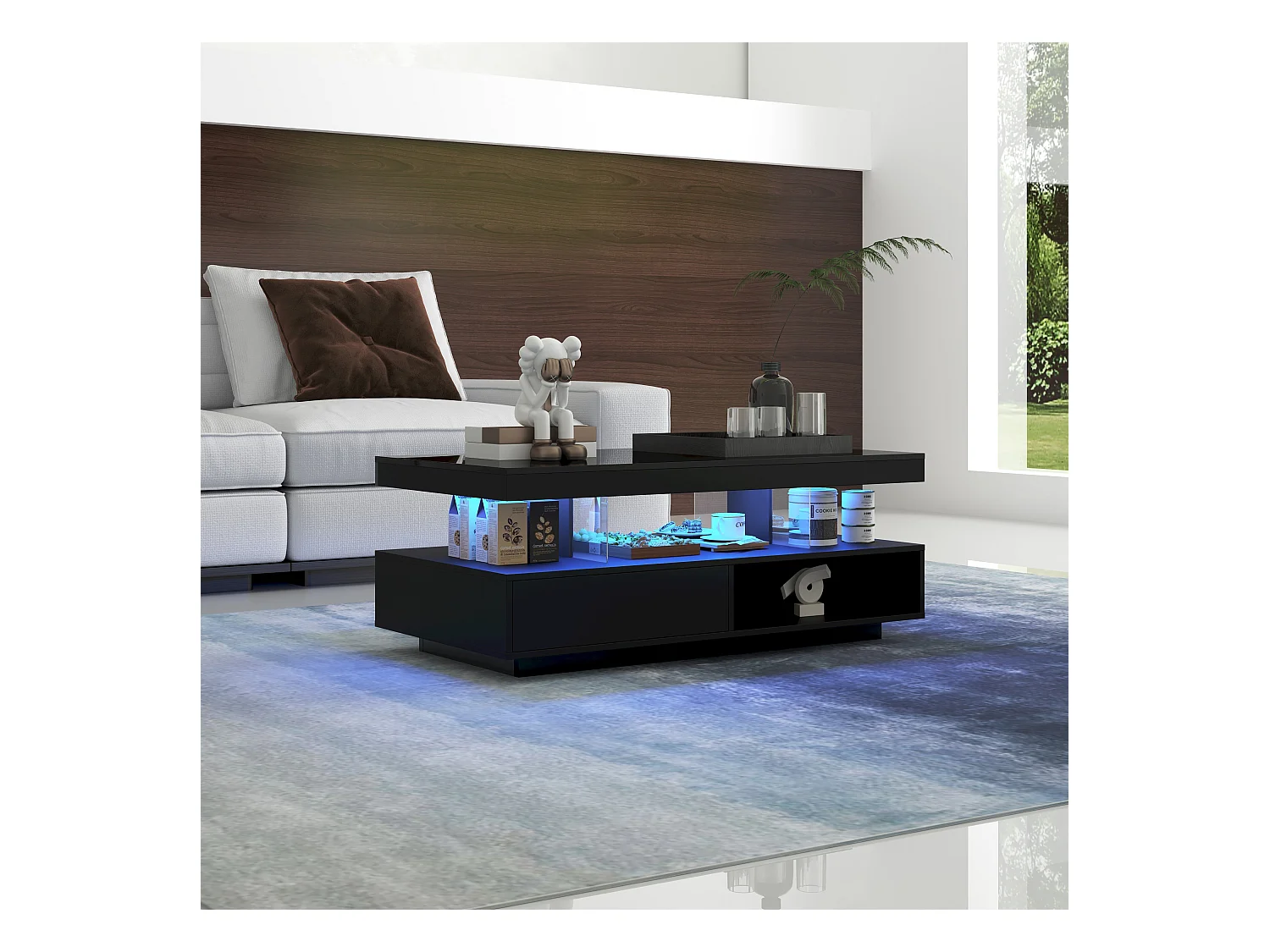 Table basse noire brillante avec 2 tiroirs et compartiments ouverts, éclairage LED - 95x50x42,5 cm