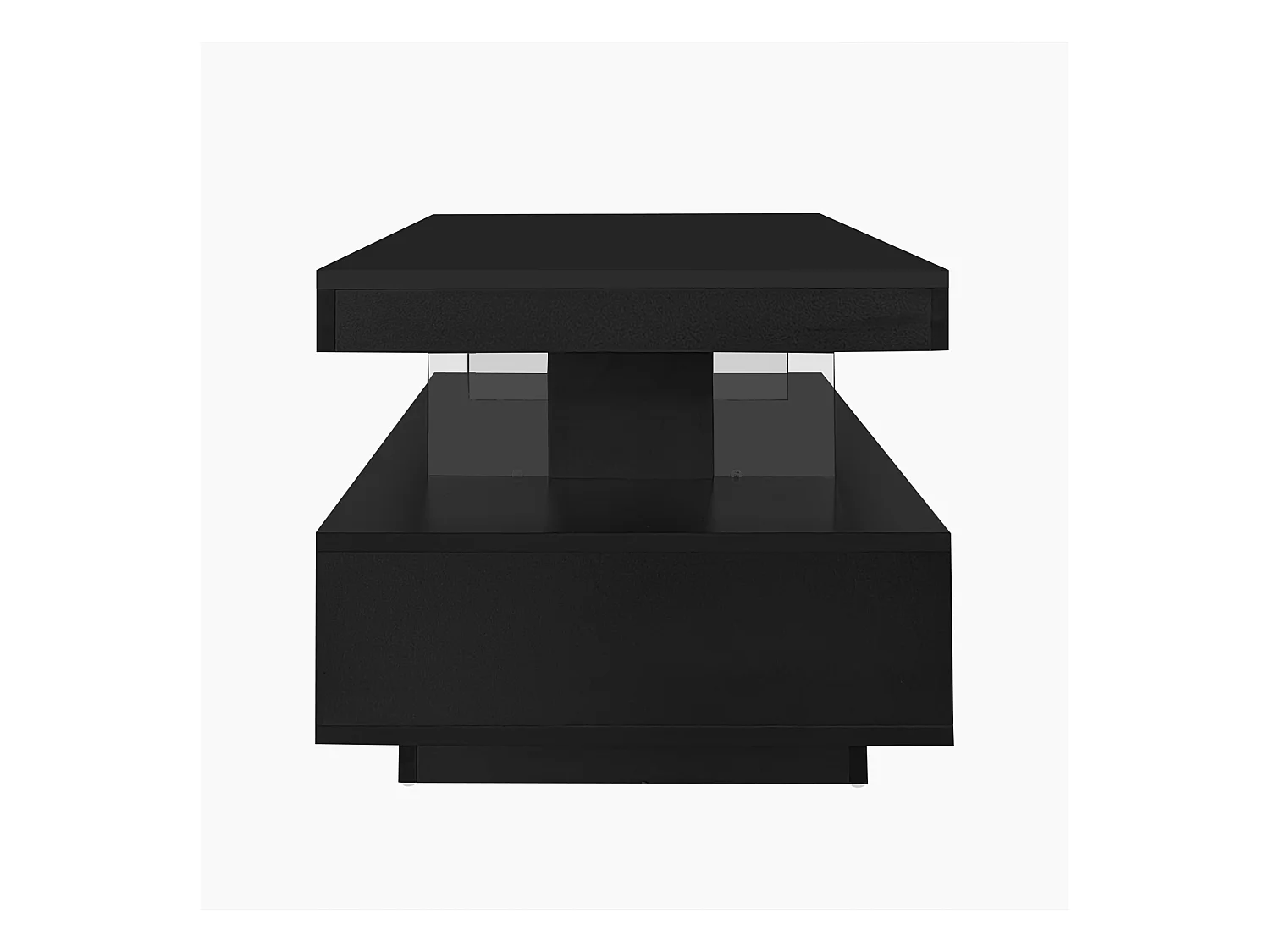 Table basse noire brillante avec 2 tiroirs et compartiments ouverts, éclairage LED - 95x50x42,5 cm