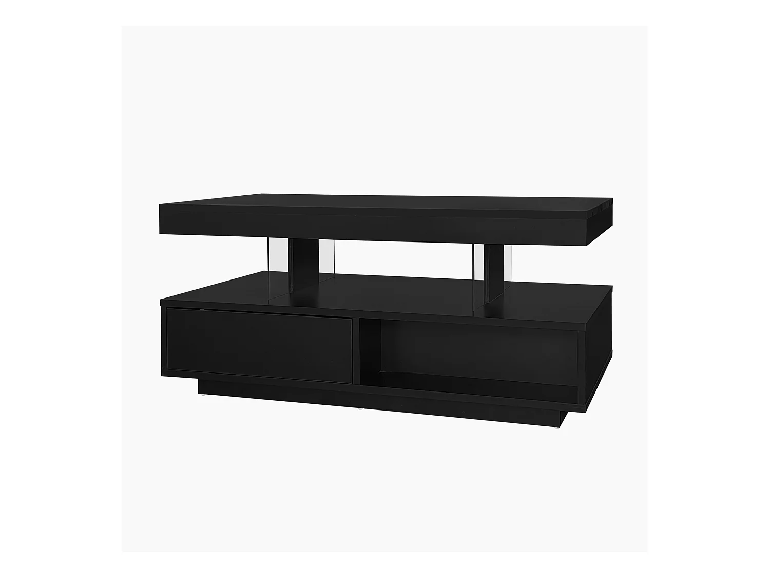 Table basse noire brillante avec 2 tiroirs et compartiments ouverts, éclairage LED - 95x50x42,5 cm