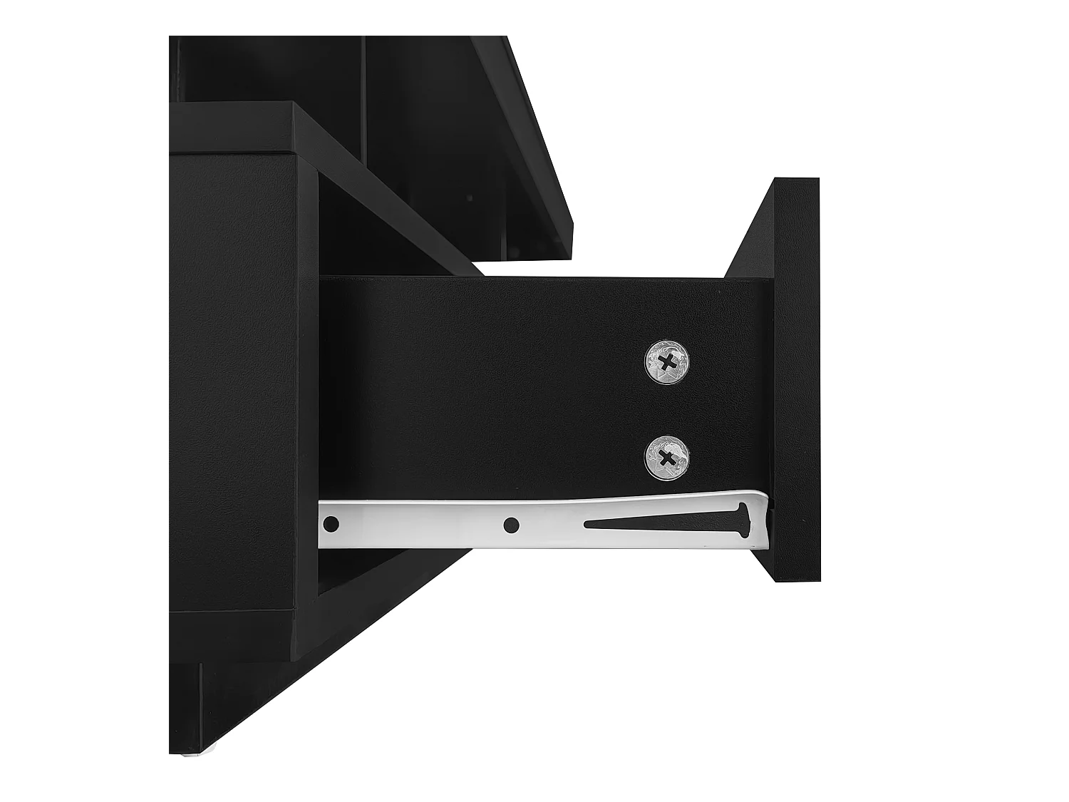 Table basse noire brillante avec 2 tiroirs et compartiments ouverts, éclairage LED - 95x50x42,5 cm