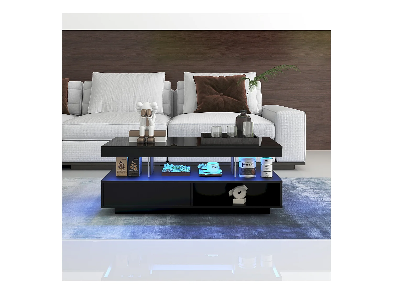 Table basse noire brillante avec 2 tiroirs et compartiments ouverts, éclairage LED - 95x50x42,5 cm