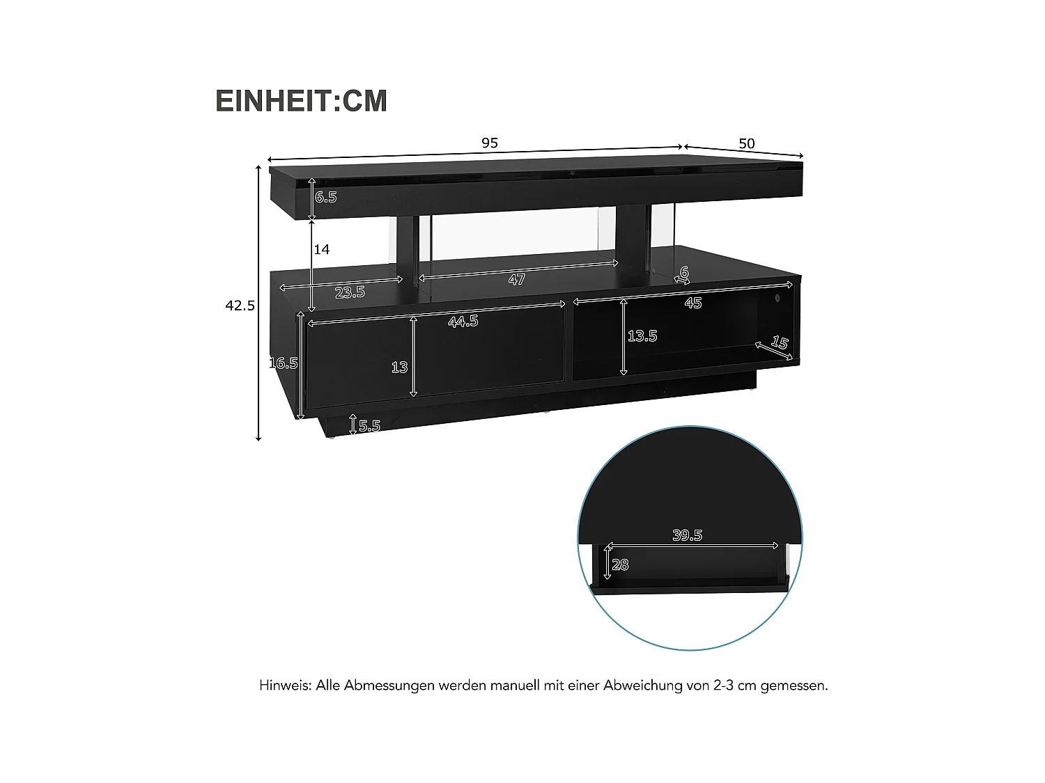 Table basse noire brillante avec 2 tiroirs et compartiments ouverts, éclairage LED - 95x50x42,5 cm