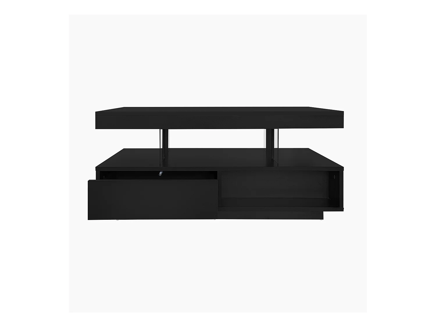 Table basse noire brillante avec 2 tiroirs et compartiments ouverts, éclairage LED - 95x50x42,5 cm