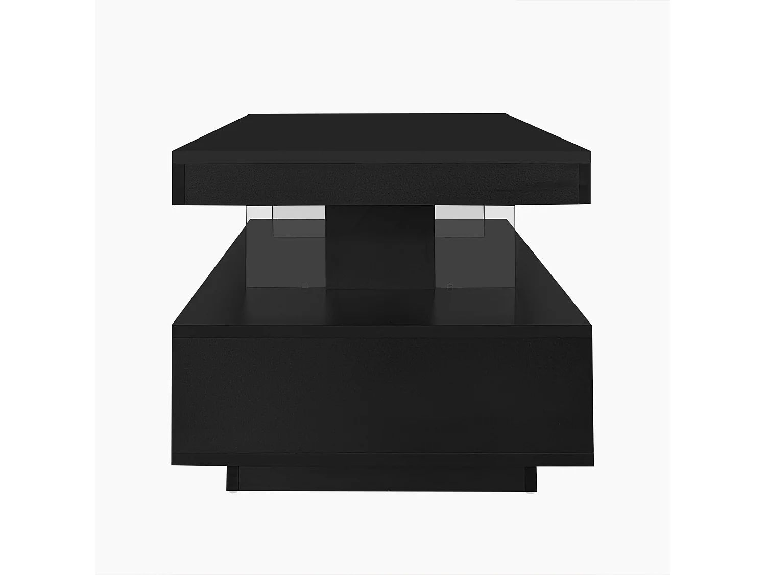 Schwarzer Hochglanz-Couchtisch mit 2 Schubladen und offenen Fächern, LED-Beleuchtung – 95 x 50 x 42,5 cm