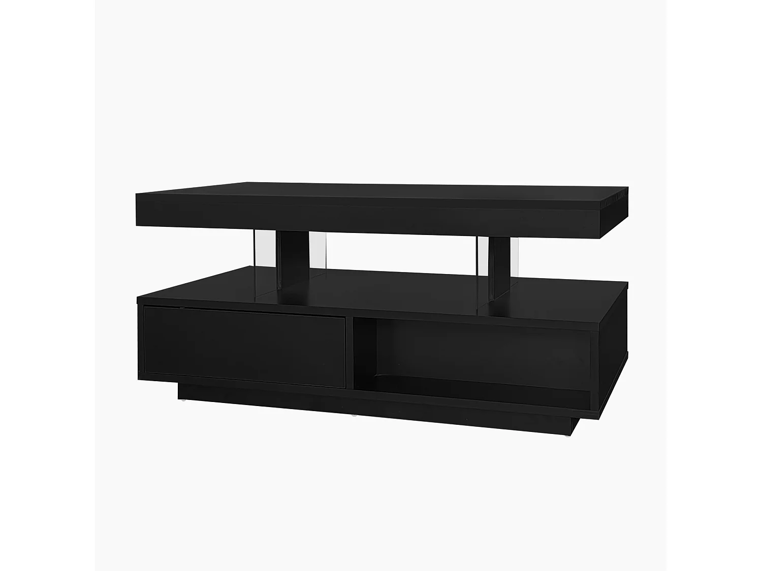 Schwarzer Hochglanz-Couchtisch mit 2 Schubladen und offenen Fächern, LED-Beleuchtung – 95 x 50 x 42,5 cm