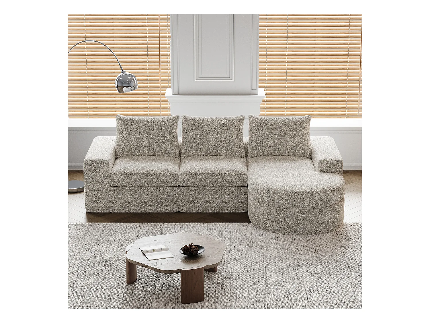 Canapé modulable 3 places en tissu chenille beige avec méridienne arrondie - dossier rembourré