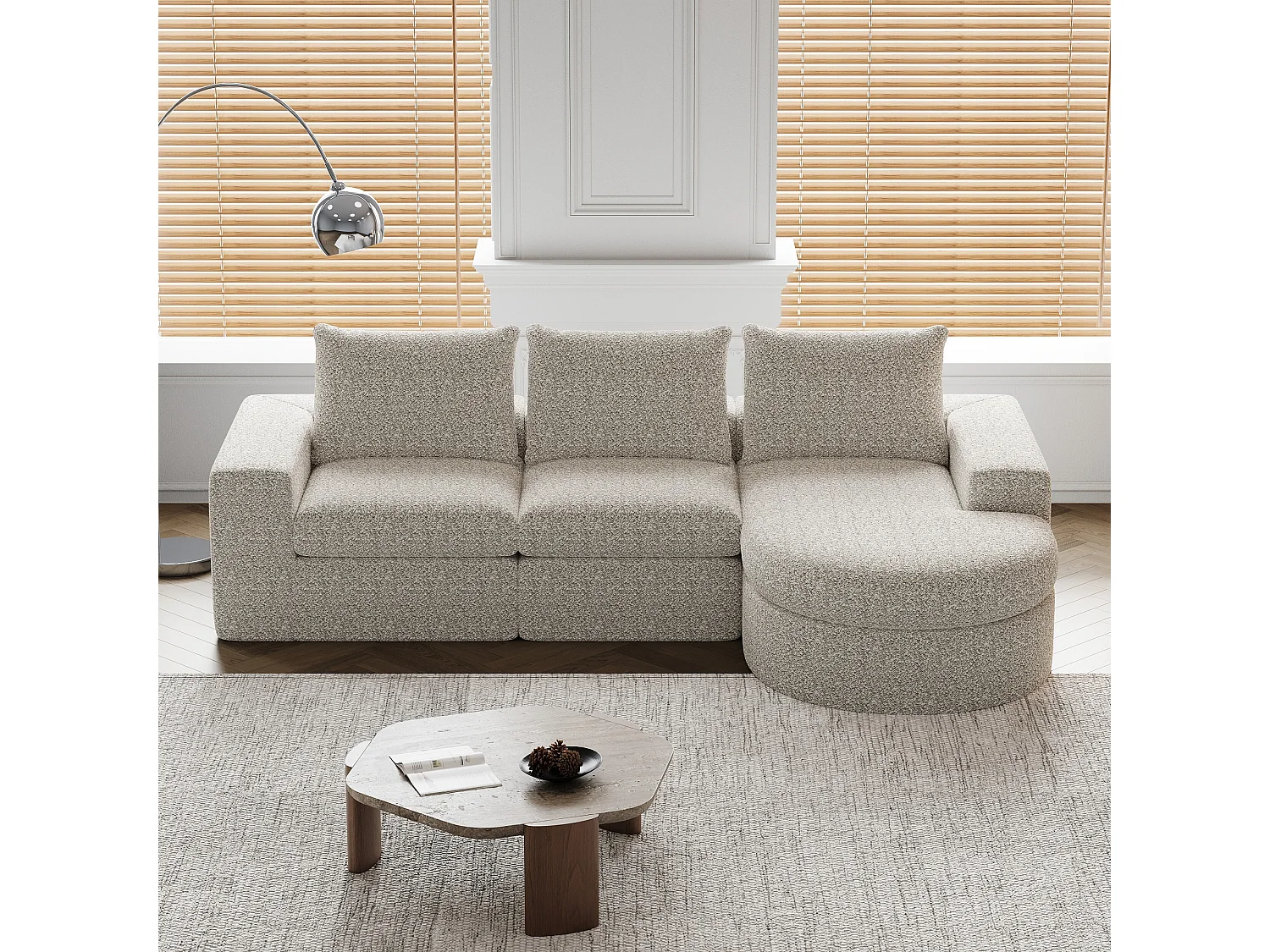Canapé modulable 3 places en tissu chenille beige avec méridienne arrondie - dossier rembourré