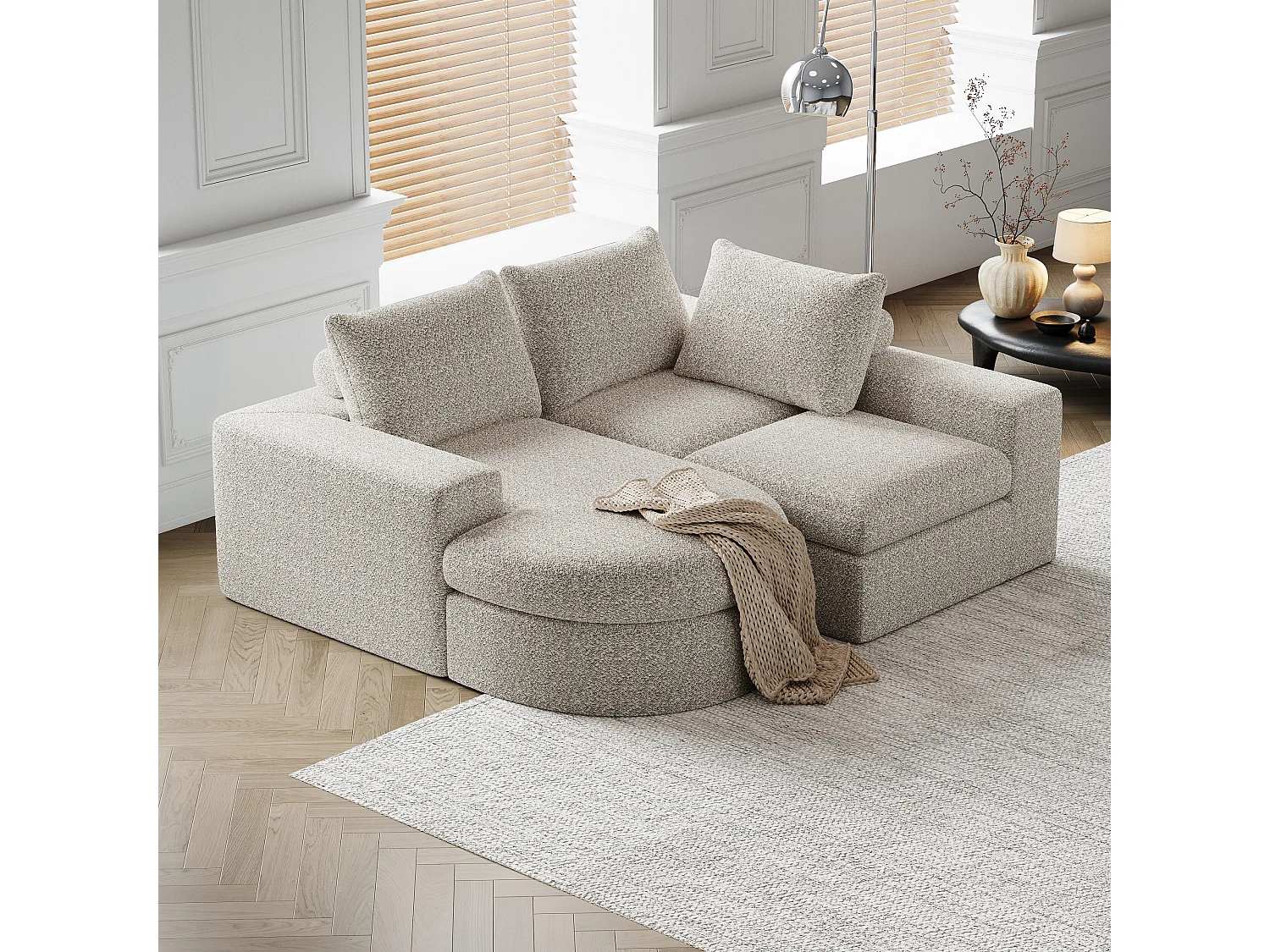 Canapé modulable 3 places en tissu chenille beige avec méridienne arrondie - dossier rembourré
