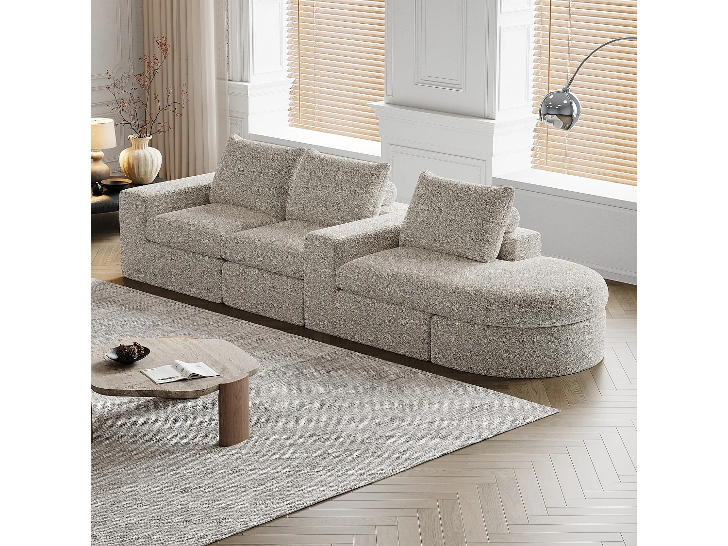 Canapé modulable 3 places en tissu chenille beige avec méridienne arrondie - dossier rembourré
