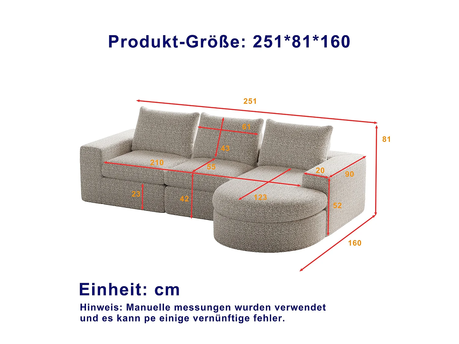 Canapé modulable 3 places en tissu chenille beige avec méridienne arrondie - dossier rembourré