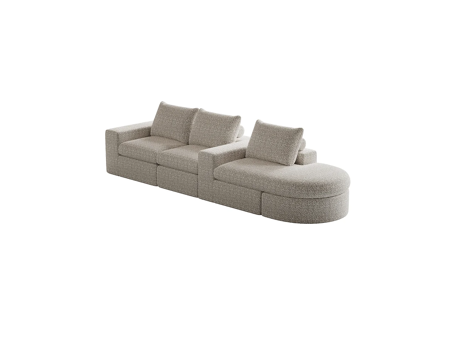 Canapé modulable 3 places en tissu chenille beige avec méridienne arrondie - dossier rembourré