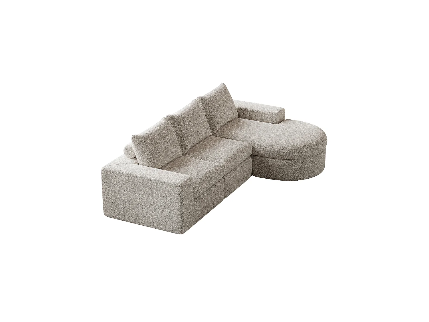 Canapé modulable 3 places en tissu chenille beige avec méridienne arrondie - dossier rembourré