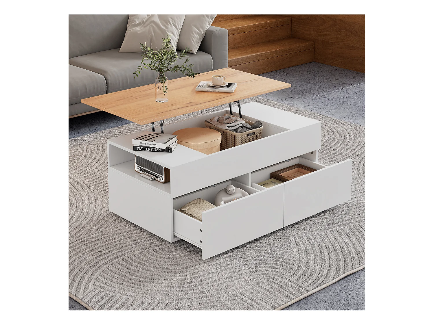 Table basse blanche avec plateau relevable en grain de bois et 2 tiroirs de rangement