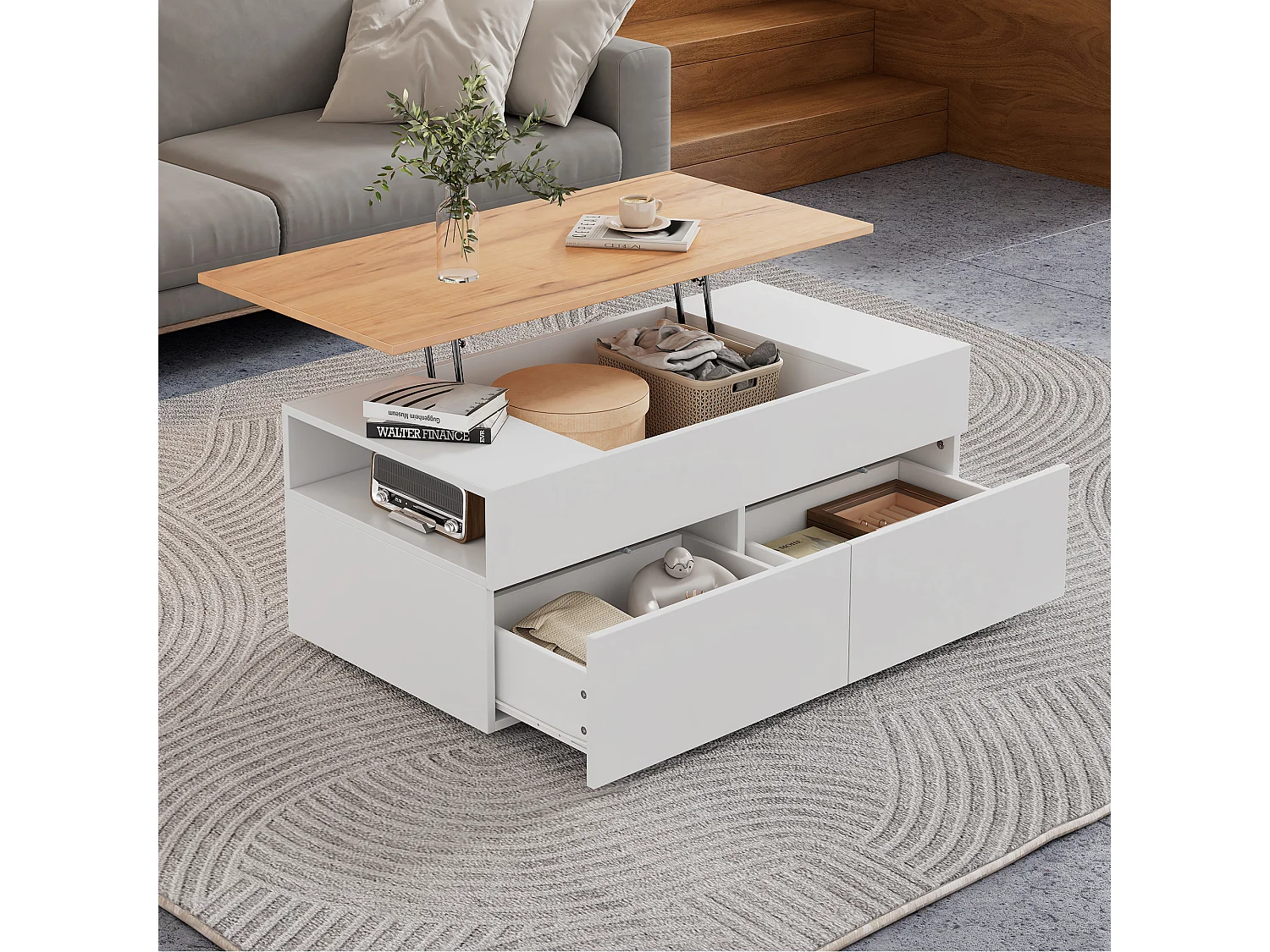 Table basse blanche avec plateau relevable en grain de bois et 2 tiroirs de rangement
