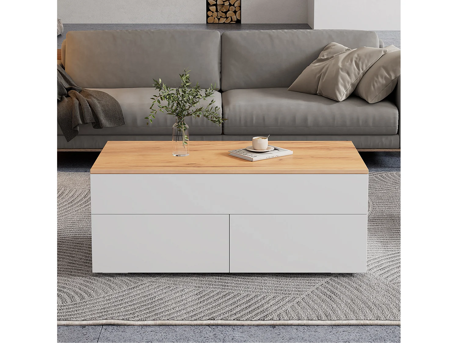 Table basse blanche avec plateau relevable en grain de bois et 2 tiroirs de rangement