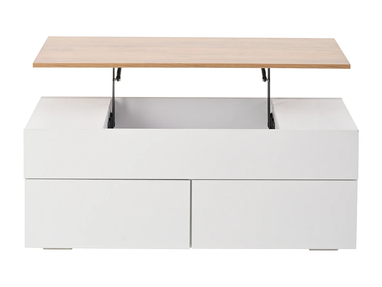 Table basse blanche avec plateau relevable en grain de bois et 2 tiroirs de rangement
