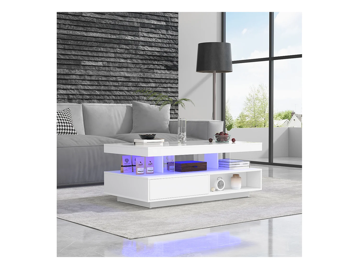 Table basse blanche brillante avec 2 tiroirs et compartiments ouverts, éclairage LED - 95x50x42,5 cm