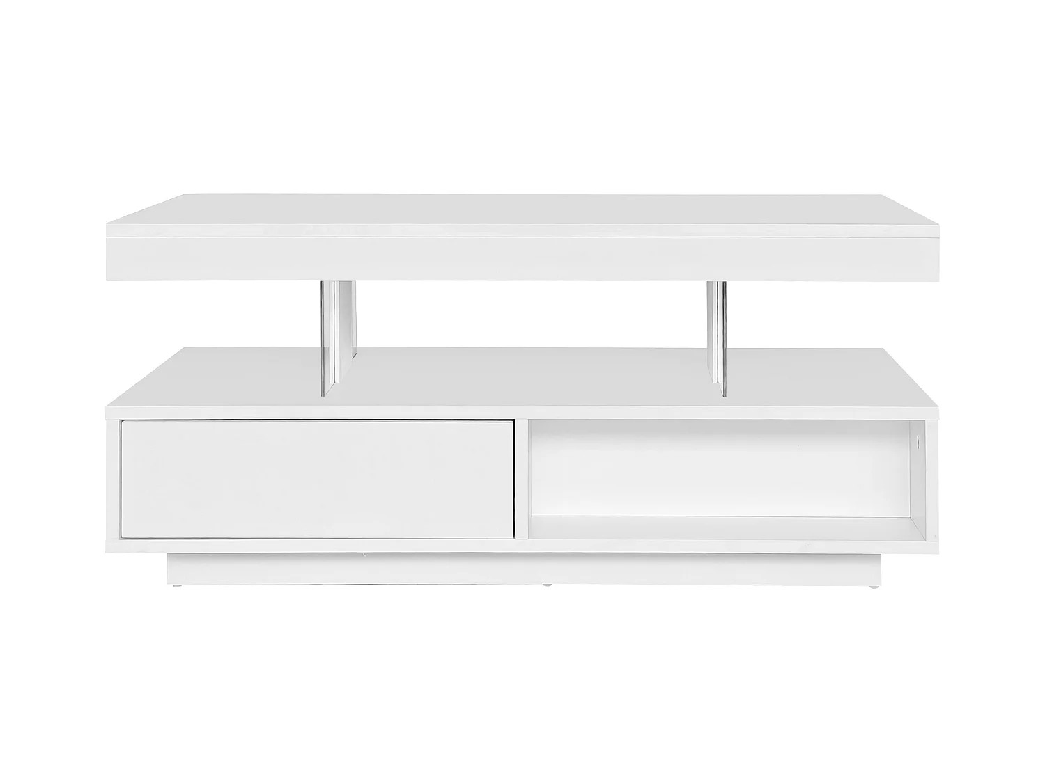 Table basse blanche brillante avec 2 tiroirs et compartiments ouverts, éclairage LED - 95x50x42,5 cm