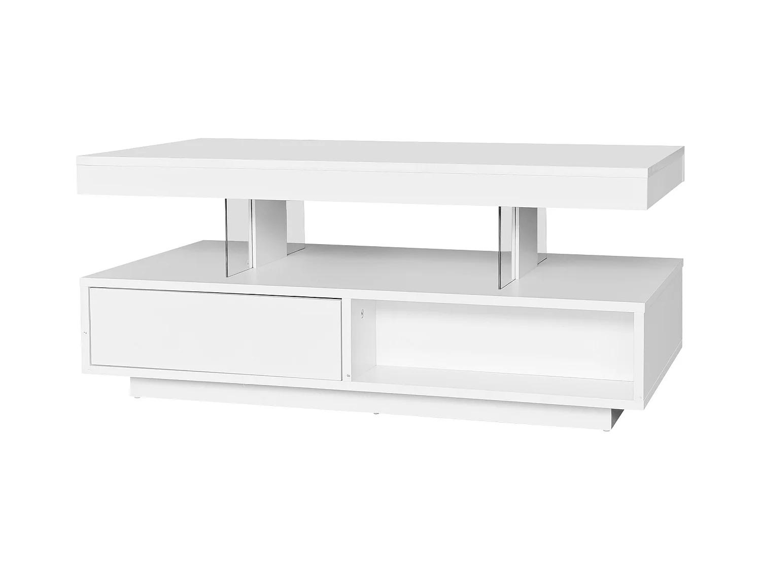 Table basse blanche brillante avec 2 tiroirs et compartiments ouverts, éclairage LED - 95x50x42,5 cm