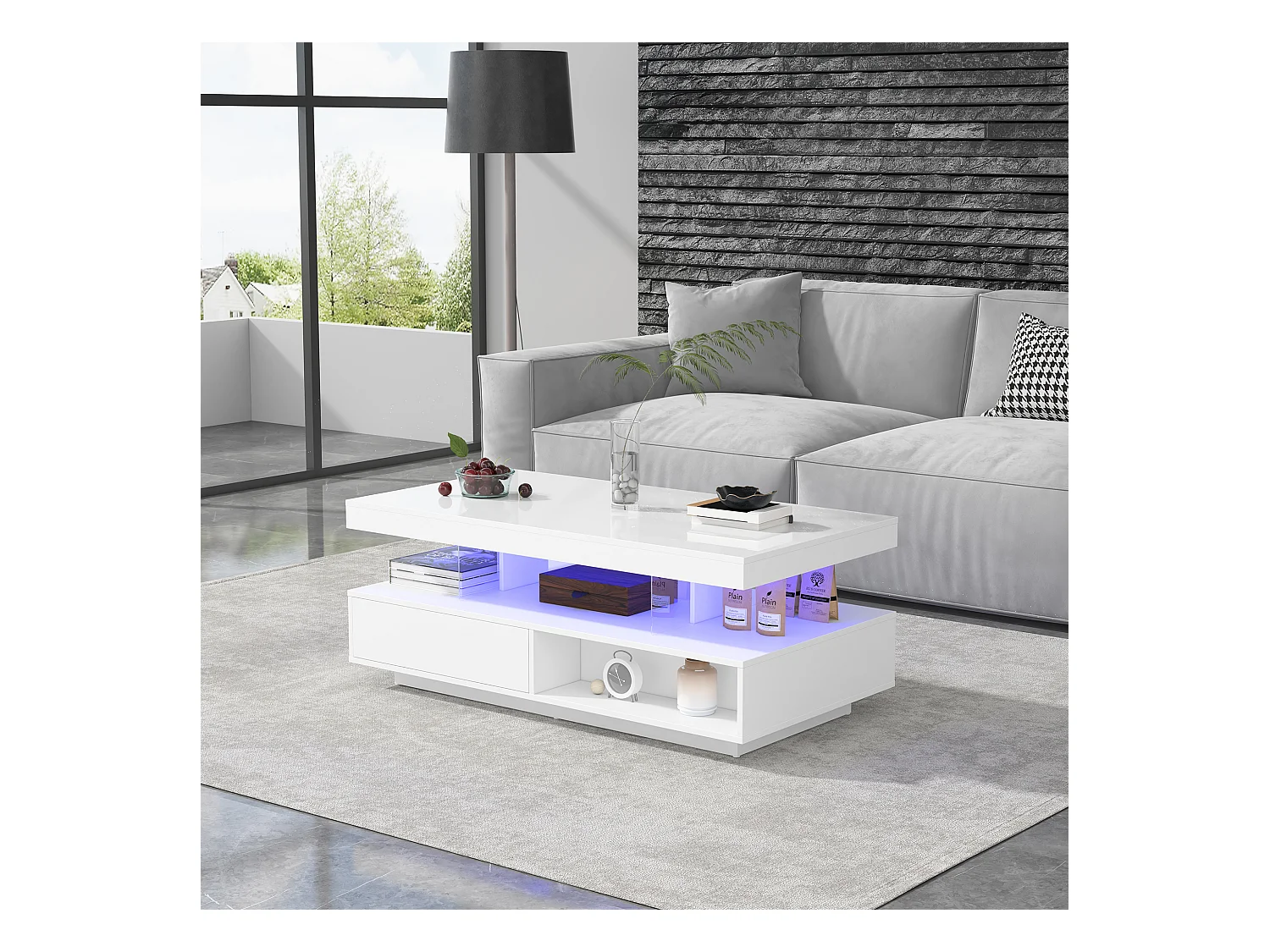 Table basse blanche brillante avec 2 tiroirs et compartiments ouverts, éclairage LED - 95x50x42,5 cm