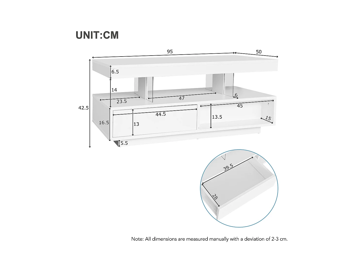 Table basse blanche brillante avec 2 tiroirs et compartiments ouverts, éclairage LED - 95x50x42,5 cm