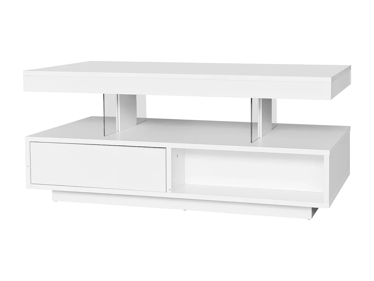 Table basse blanche brillante avec 2 tiroirs et compartiments ouverts, éclairage LED - 95x50x42,5 cm