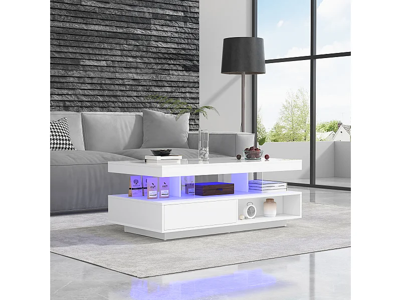 Witte hoogglans salontafel met 2 lades en open vakken, ledverlichting - 95x50x42,5 cm