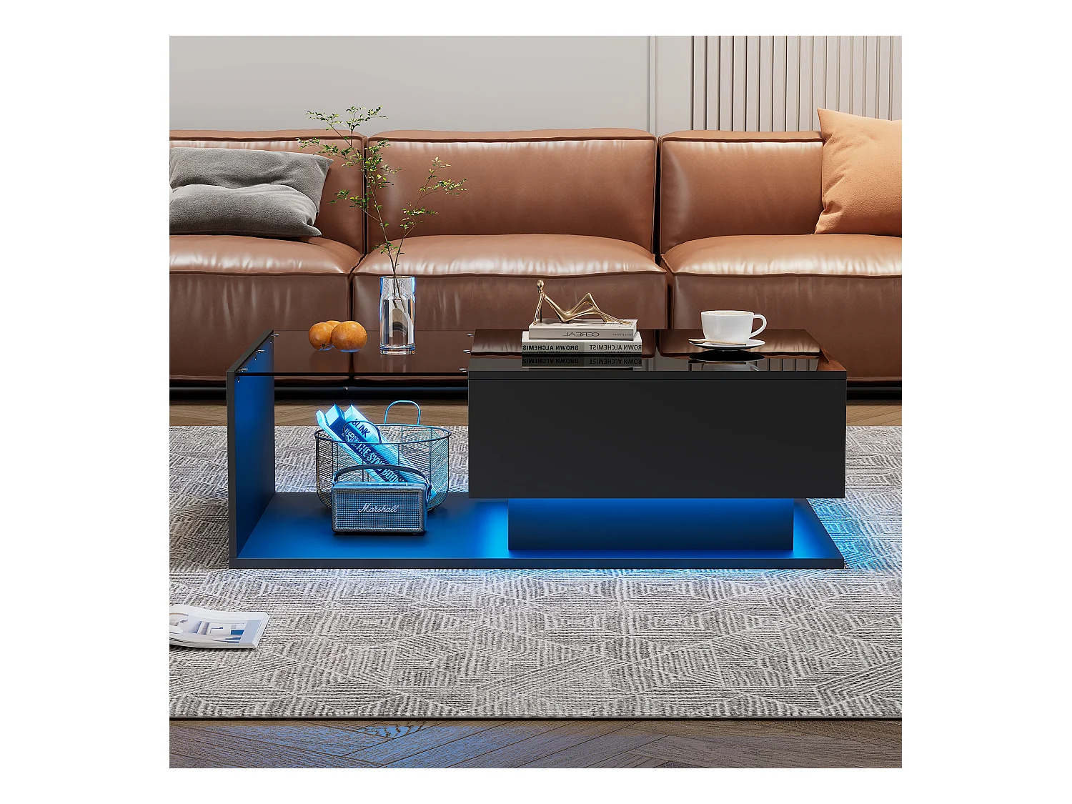 Table basse noire 100x50 cm avec LED, tiroir et plateau en verre -pour salon et bureaux