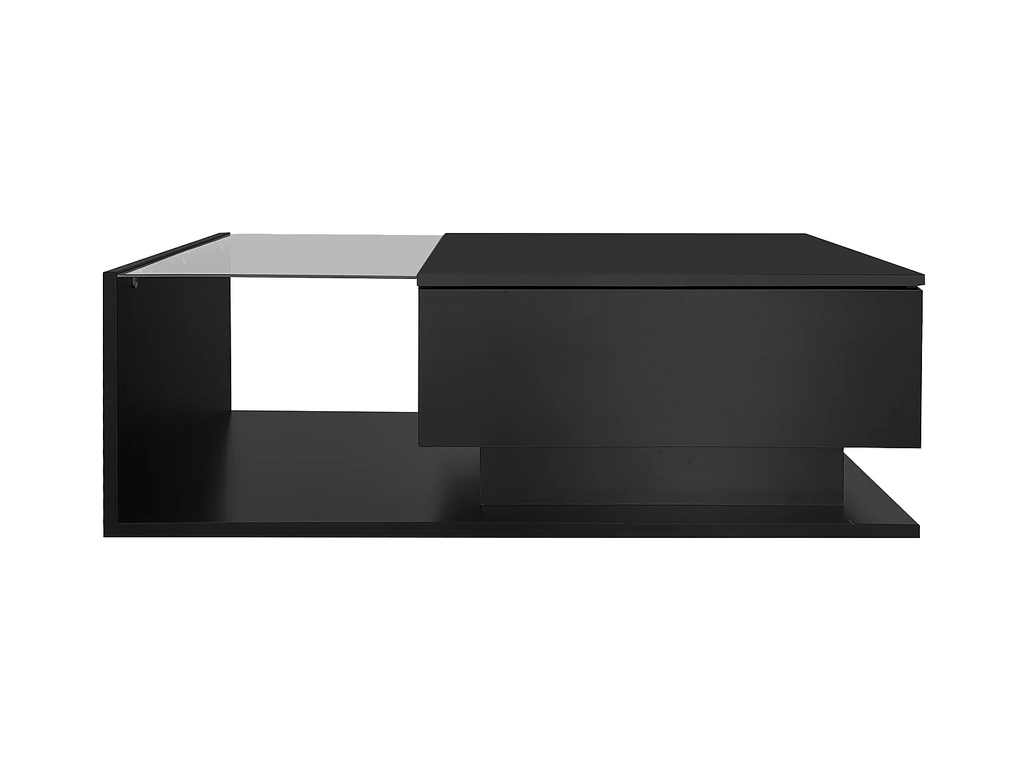 Table basse noire 100x50 cm avec LED, tiroir et plateau en verre -pour salon et bureaux