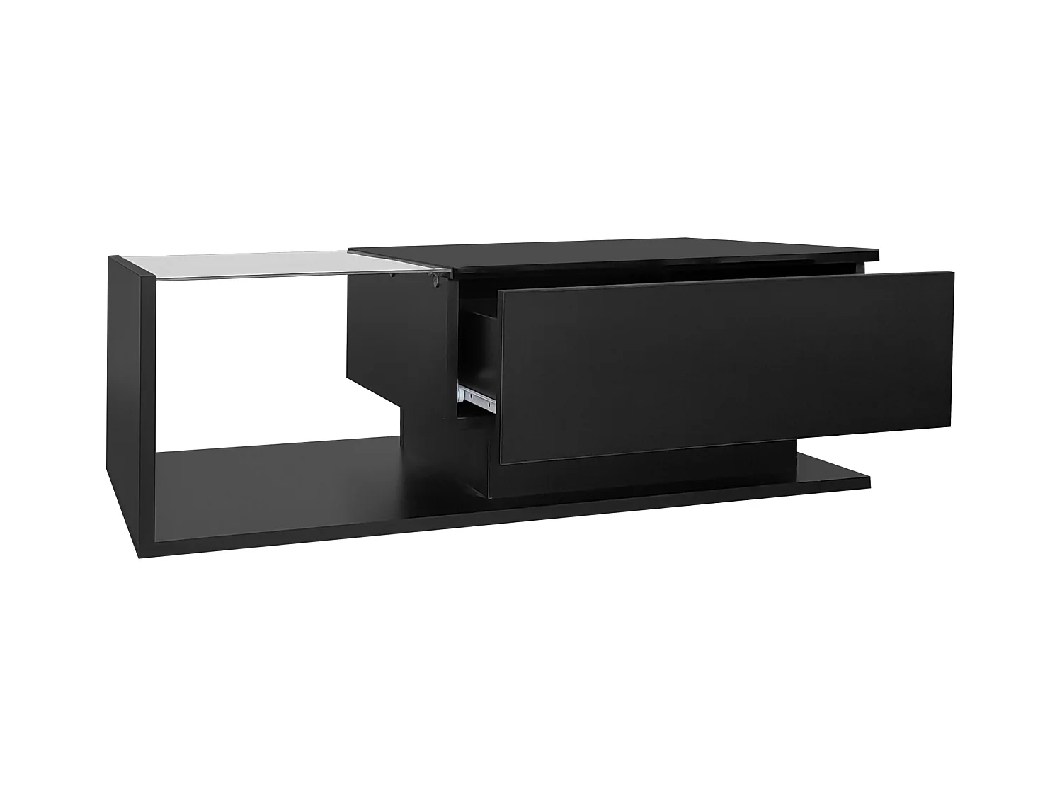 Table basse noire 100x50 cm avec LED, tiroir et plateau en verre -pour salon et bureaux