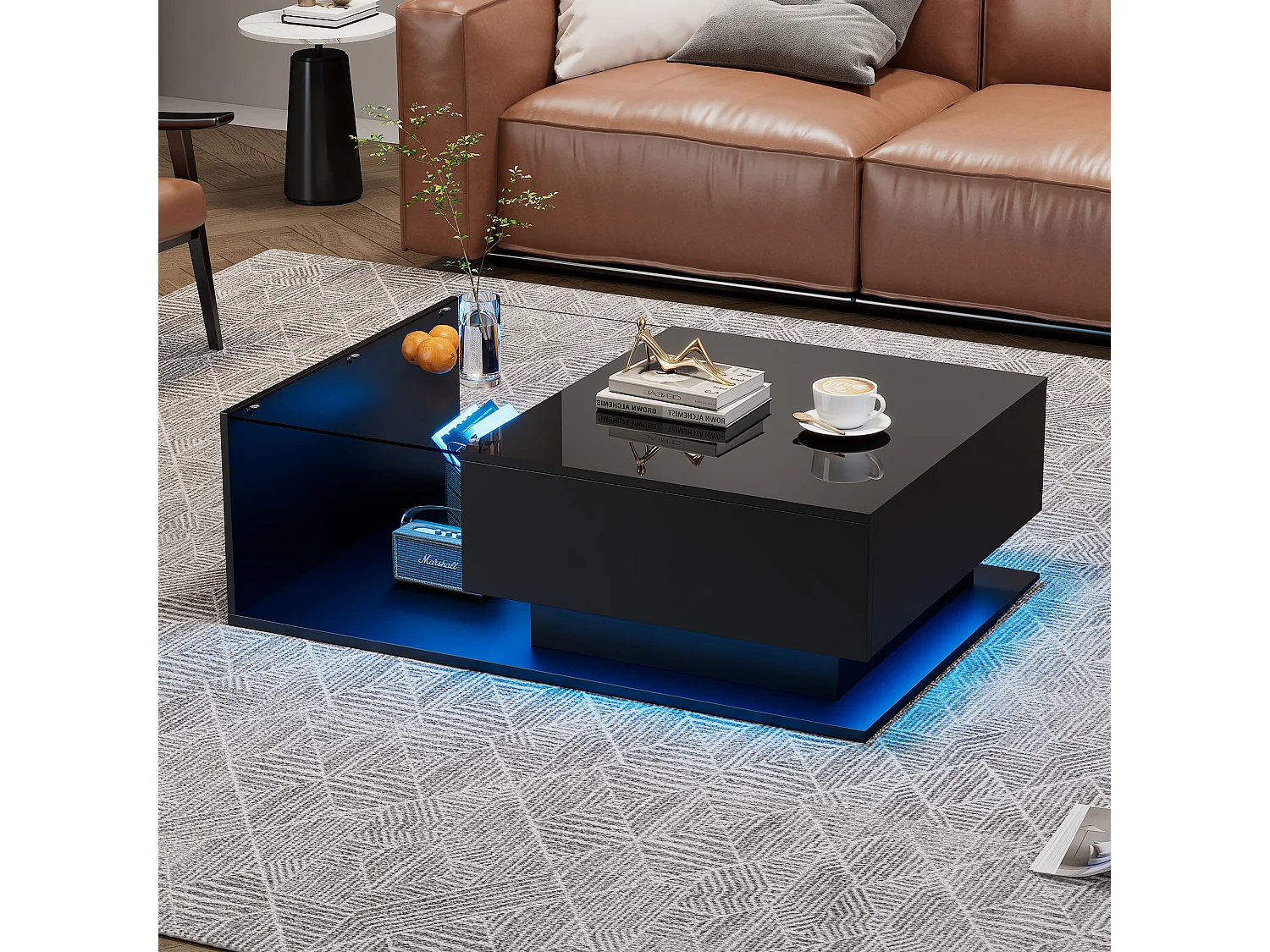 Schwarzer Couchtisch 100 x 50 cm mit LED, Schublade und Glasplatte – für Wohnzimmer und Büro