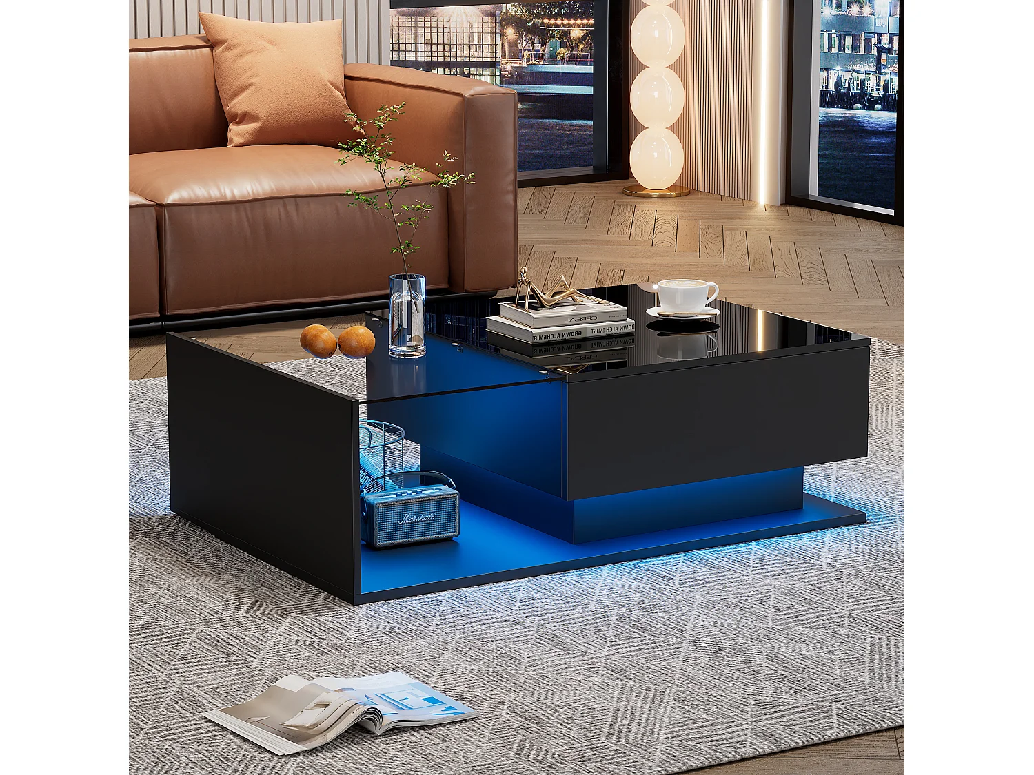 Schwarzer Couchtisch 100 x 50 cm mit LED, Schublade und Glasplatte – für Wohnzimmer und Büro