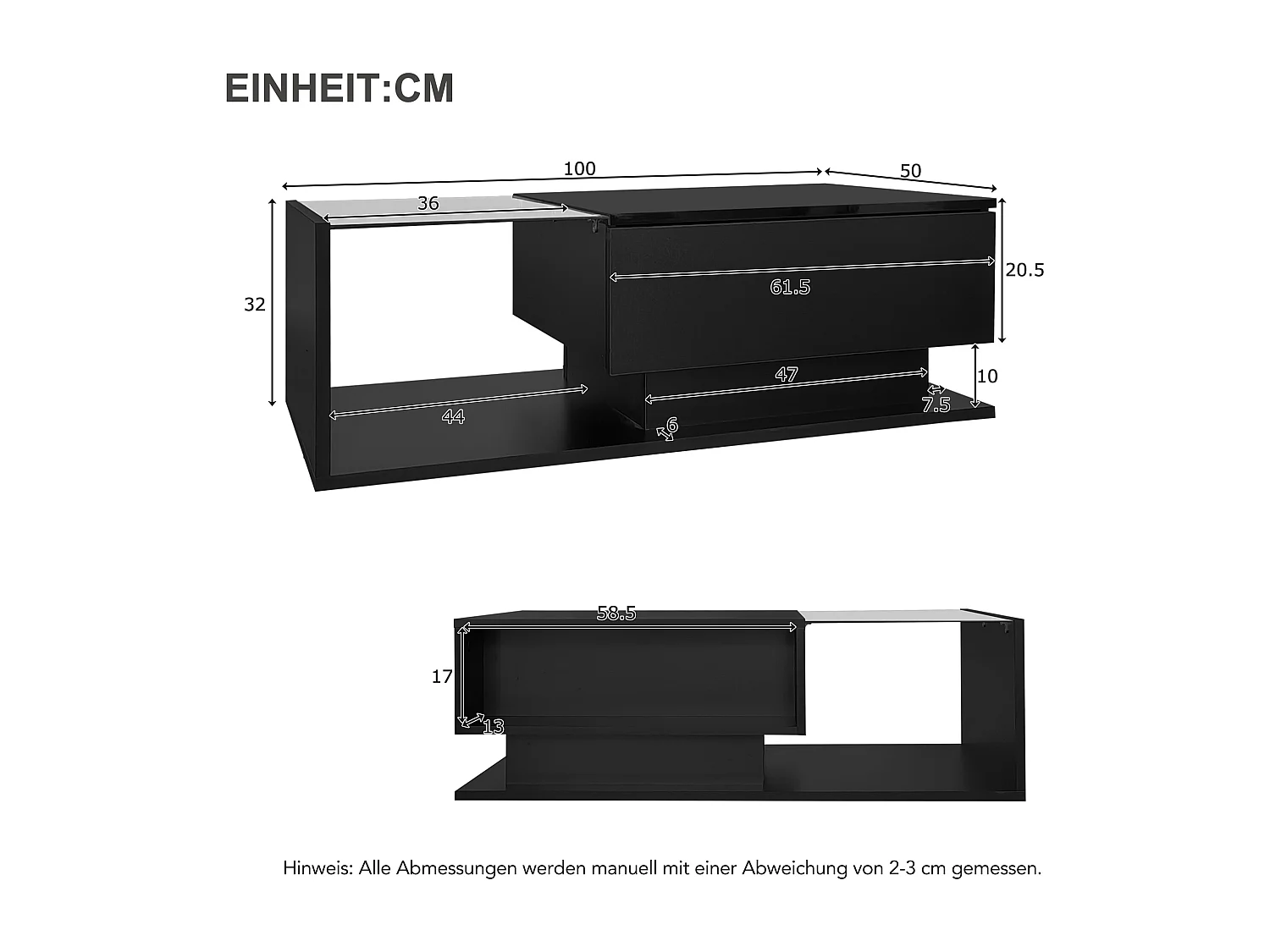 Schwarzer Couchtisch 100 x 50 cm mit LED, Schublade und Glasplatte – für Wohnzimmer und Büro