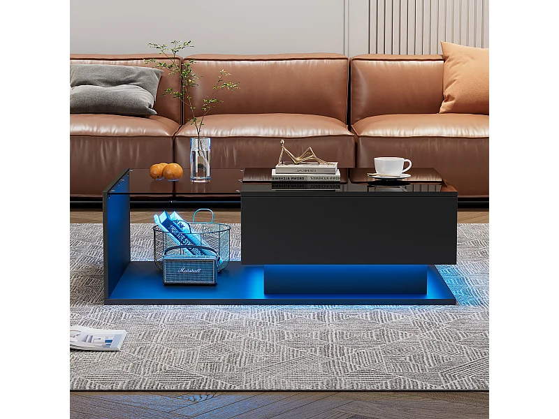 Zwarte salontafel 100x50 cm met led-verlichting, lade en glazen blad - voor woonkamer en kantoor