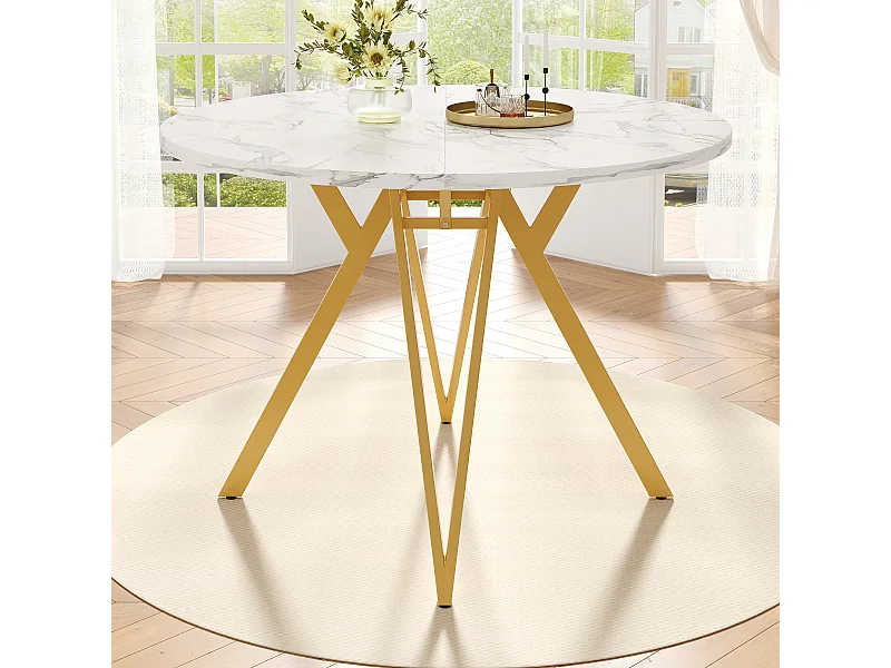 Table à manger ronde 100 cm, plateau en MDF effet marbre, pieds en métal doré -  pour cuisine et salon