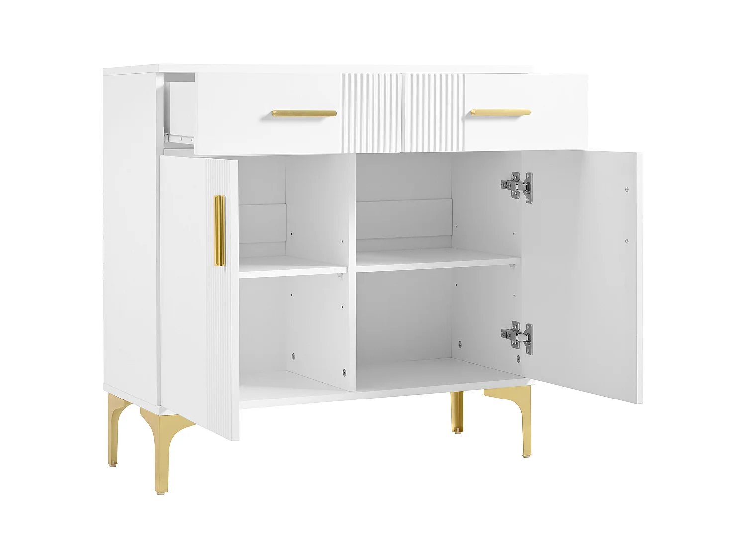 Buffet blanc avec 2 portes et 2 tiroirs de rangement, poignées et pieds en métal