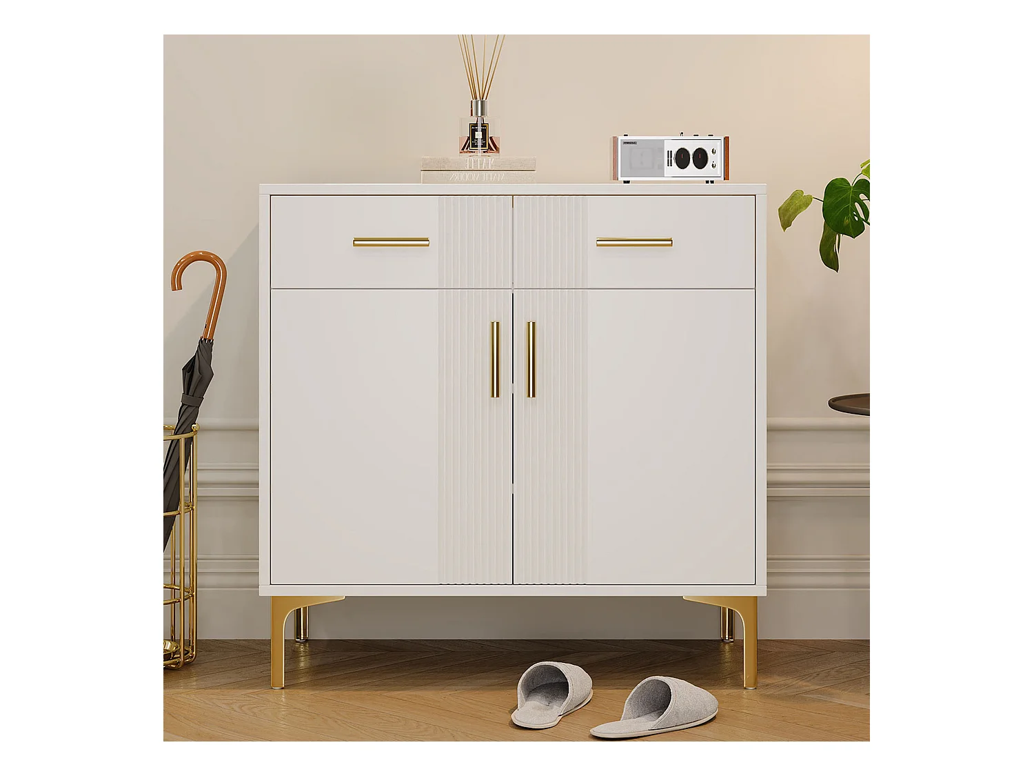 Buffet blanc avec 2 portes et 2 tiroirs de rangement, poignées et pieds en métal