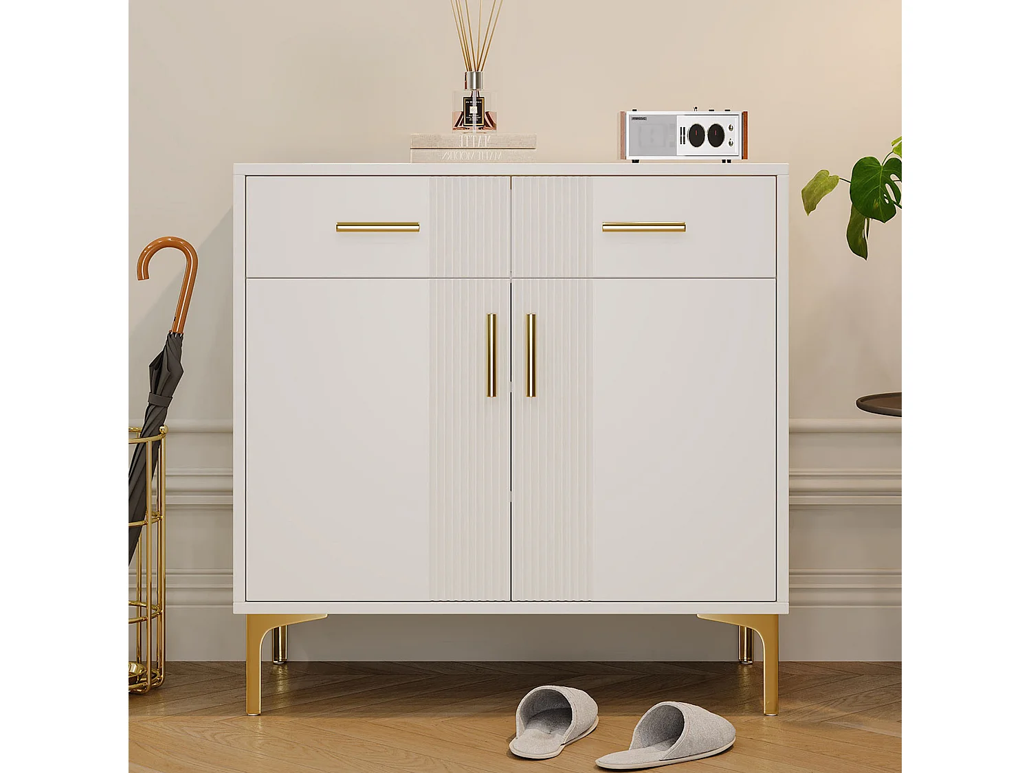 Buffet blanc avec 2 portes et 2 tiroirs de rangement, poignées et pieds en métal