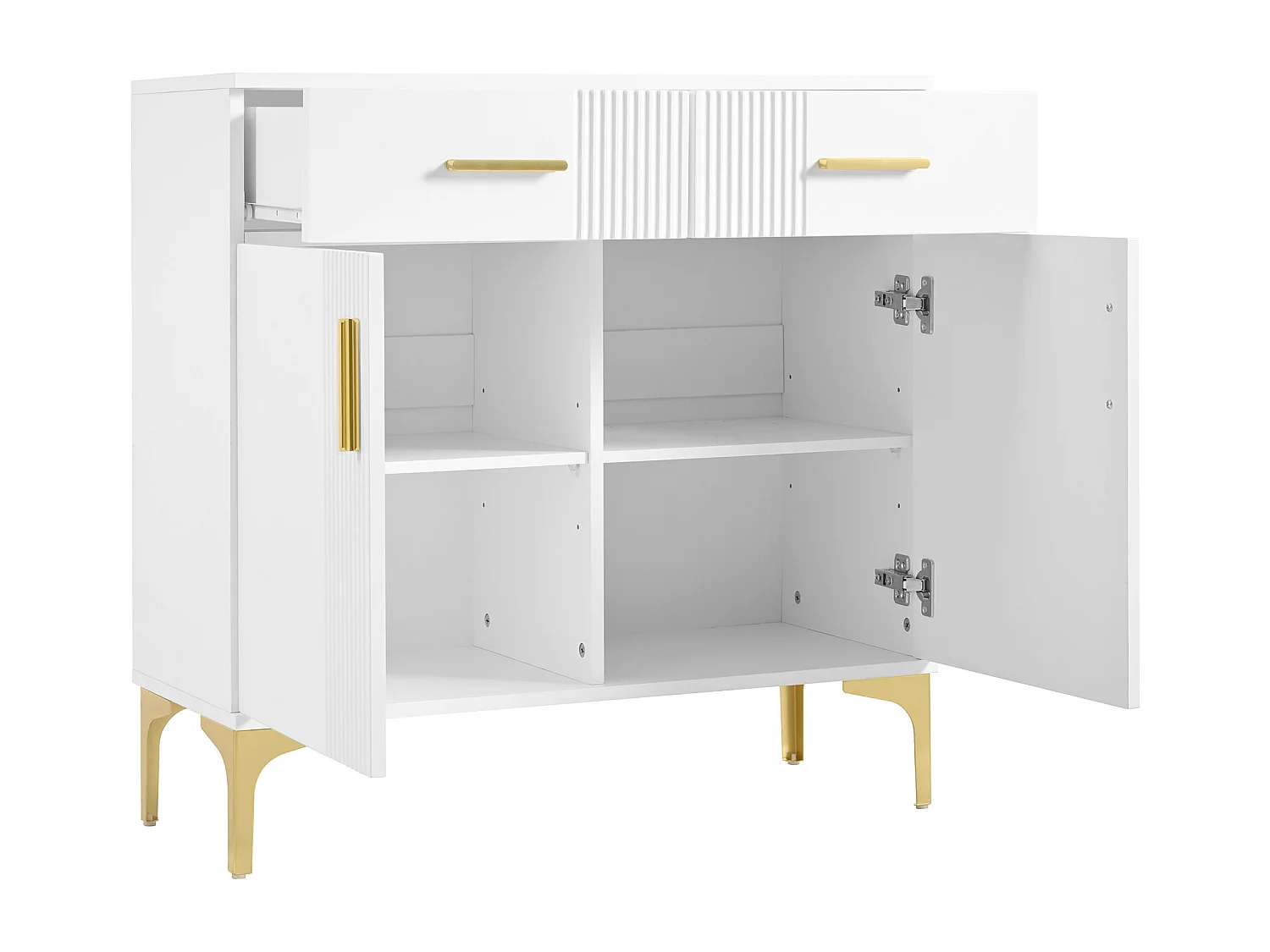 Buffet blanc avec 2 portes et 2 tiroirs de rangement, poignées et pieds en métal