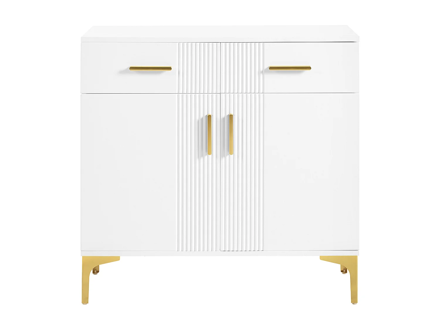 Buffet blanc avec 2 portes et 2 tiroirs de rangement, poignées et pieds en métal