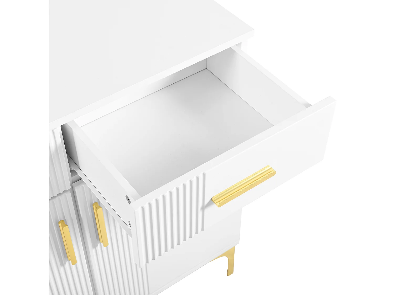 Buffet blanc avec 2 portes et 2 tiroirs de rangement, poignées et pieds en métal