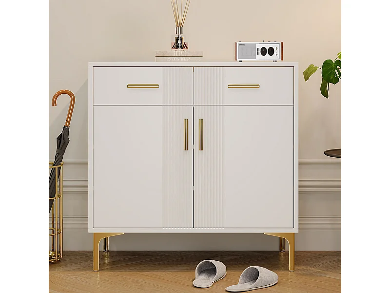 Wit dressoir met 2 deuren en 2 opberglades, metalen handgrepen en metalen poten