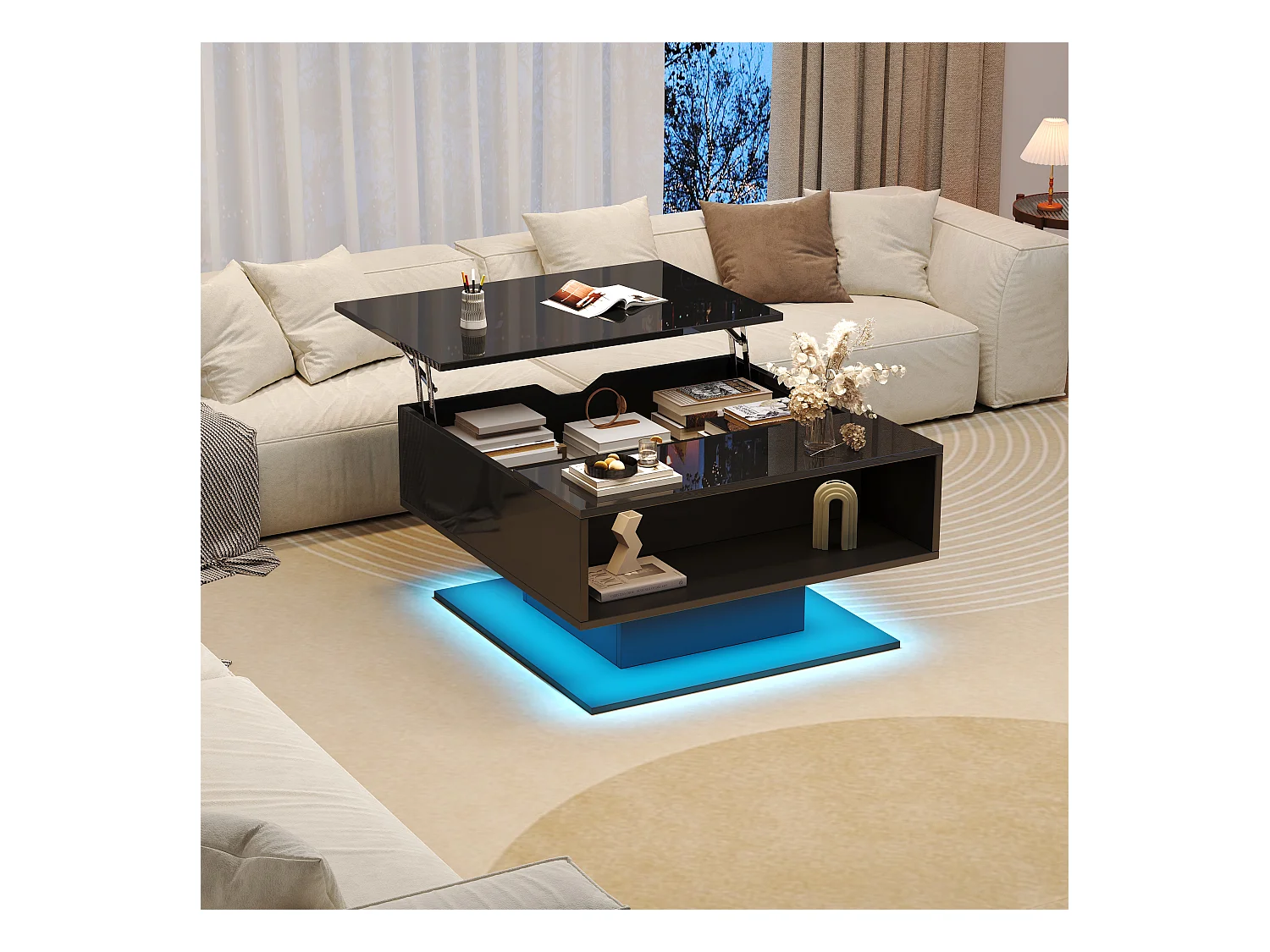 Table basse noire avec plateau relevable, espace de rangement, éclairage LED - pour salon et bureaux