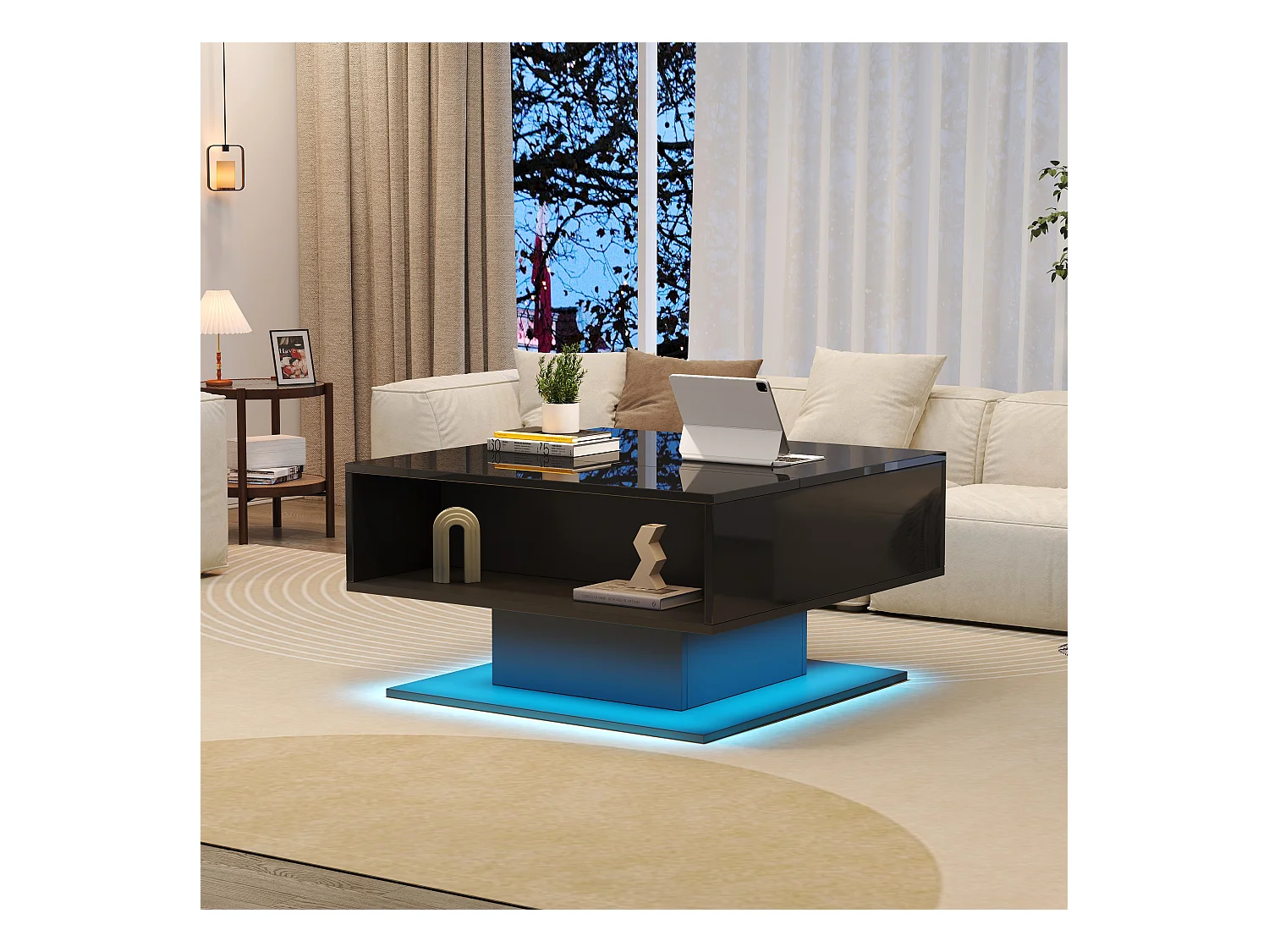 Table basse noire avec plateau relevable, espace de rangement, éclairage LED - pour salon et bureaux
